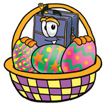 Clip Art Graphic of a Suitcase Luggage Cartoon Character in an Easter Basket Full of Decorated Easter Eggs