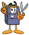 Clip Art Graphic of a Suitcase Luggage Cartoon Character Holding a Pair of Scissors