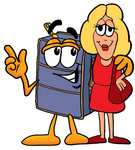 Clip Art Graphic of a Suitcase Luggage Cartoon Character Talking to a Pretty Blond Woman