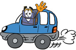 Clip Art Graphic of a Suitcase Luggage Cartoon Character Driving a Blue Car and Waving