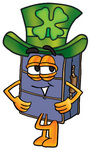 Clip Art Graphic of a Suitcase Luggage Cartoon Character Wearing a Saint Patricks Day Hat With a Clover on it