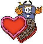 Clip Art Graphic of a Suitcase Luggage Cartoon Character With an Open Box of Valentines Day Chocolate Candies