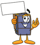 Clip Art Graphic of a Suitcase Luggage Cartoon Character Holding a Blank Sign