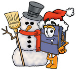 Clip Art Graphic of a Suitcase Luggage Cartoon Character With a Snowman on Christmas