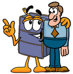 Clip Art Graphic of a Suitcase Luggage Cartoon Character Talking to a Business Man