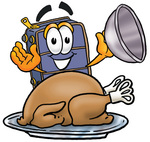 Clip Art Graphic of a Suitcase Luggage Cartoon Character Serving a Thanksgiving Turkey on a Platter