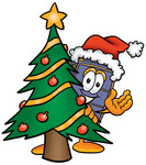 Clip Art Graphic of a Suitcase Luggage Cartoon Character Waving and Standing by a Decorated Christmas Tree