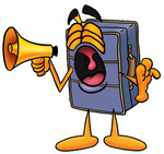 Clip Art Graphic of a Suitcase Luggage Cartoon Character Screaming Into a Megaphone