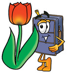 Clip Art Graphic of a Suitcase Luggage Cartoon Character With a Red Tulip Flower in the Spring