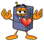 Clip Art Graphic of a Suitcase Luggage Cartoon Character With His Heart Beating Out of His Chest