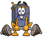 Clip Art Graphic of a Suitcase Luggage Cartoon Character Lifting a Heavy Barbell