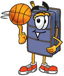 Clip Art Graphic of a Suitcase Luggage Cartoon Character Spinning a Basketball on His Finger