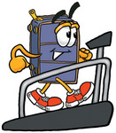 Clip Art Graphic of a Suitcase Luggage Cartoon Character Walking on a Treadmill in a Fitness Gym