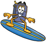 Clip Art Graphic of a Suitcase Luggage Cartoon Character Surfing on a Blue and Yellow Surfboard