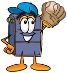 Clip Art Graphic of a Suitcase Luggage Cartoon Character Catching a Baseball With a Glove