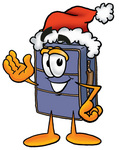 Clip Art Graphic of a Suitcase Luggage Cartoon Character Wearing a Santa Hat and Waving