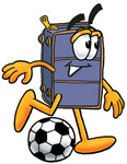Clip Art Graphic of a Suitcase Luggage Cartoon Character Kicking a Soccer Ball