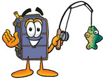 Clip Art Graphic of a Suitcase Luggage Cartoon Character Holding a Fish on a Fishing Pole