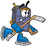 Clip Art Graphic of a Suitcase Luggage Cartoon Character Playing Ice Hockey