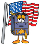 Clip Art Graphic of a Suitcase Luggage Cartoon Character Pledging Allegiance to an American Flag