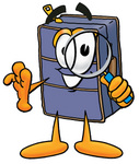 Clip Art Graphic of a Suitcase Luggage Cartoon Character Looking Through a Magnifying Glass