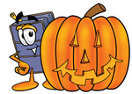 Clip Art Graphic of a Suitcase Luggage Cartoon Character With a Carved Halloween Pumpkin