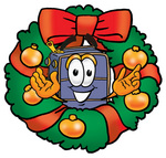 Clip Art Graphic of a Suitcase Luggage Cartoon Character in the Center of a Christmas Wreath