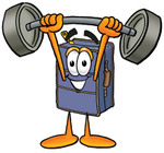 Clip Art Graphic of a Suitcase Luggage Cartoon Character Holding a Heavy Barbell Above His Head