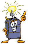 Clip Art Graphic of a Suitcase Luggage Cartoon Character With a Bright Idea