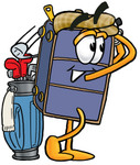 Clip Art Graphic of a Suitcase Luggage Cartoon Character Swinging His Golf Club While Golfing