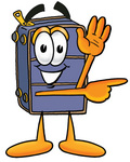 Clip Art Graphic of a Suitcase Luggage Cartoon Character Waving and Pointing