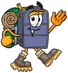 Clip Art Graphic of a Suitcase Luggage Cartoon Character Hiking and Carrying a Backpack