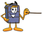 Clip Art Graphic of a Suitcase Luggage Cartoon Character Holding a Pointer Stick