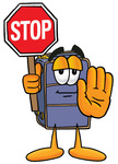 Clip Art Graphic of a Suitcase Luggage Cartoon Character Holding a Stop Sign