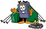 Clip Art Graphic of a Suitcase Luggage Cartoon Character Camping With a Tent and Fire