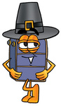 Clip Art Graphic of a Suitcase Luggage Cartoon Character Wearing a Pilgrim Hat on Thanksgiving