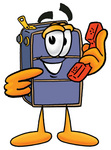 Clip Art Graphic of a Suitcase Luggage Cartoon Character Holding a Telephone