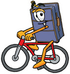 Clip Art Graphic of a Suitcase Luggage Cartoon Character Riding a Bicycle