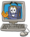 Clip Art Graphic of a Suitcase Luggage Cartoon Character Waving From Inside a Computer Screen