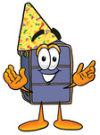 Clip Art Graphic of a Suitcase Luggage Cartoon Character Wearing a Birthday Party Hat