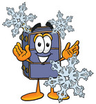 Clip Art Graphic of a Suitcase Luggage Cartoon Character With Three Snowflakes in Winter
