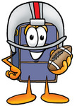 Clip Art Graphic of a Suitcase Luggage Cartoon Character in a Helmet, Holding a Football