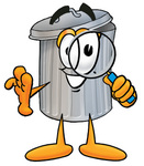Clip Art Graphic of a Metal Trash Can Cartoon Character Looking Through a Magnifying Glass