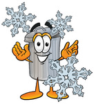 Clip Art Graphic of a Metal Trash Can Cartoon Character With Three Snowflakes in Winter