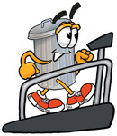 Clip Art Graphic of a Metal Trash Can Cartoon Character Walking on a Treadmill in a Fitness Gym