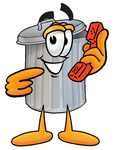 Clip Art Graphic of a Metal Trash Can Cartoon Character Holding a Telephone