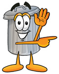Clip Art Graphic of a Metal Trash Can Cartoon Character Waving and Pointing