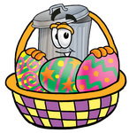 Clip Art Graphic of a Metal Trash Can Cartoon Character in an Easter Basket Full of Decorated Easter Eggs