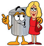 Clip Art Graphic of a Metal Trash Can Cartoon Character Talking to a Pretty Blond Woman