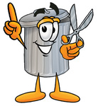 Clip Art Graphic of a Metal Trash Can Cartoon Character Holding a Pair of Scissors